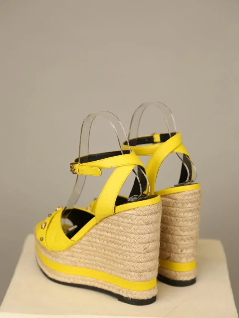 Versace Yellow Leather Espadrille Platform Wedge Sandals